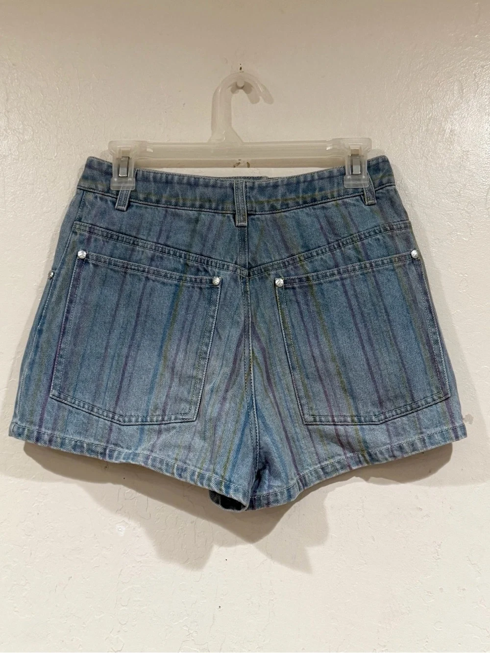 CHANEL Rainbow Pinstripe Denim Shorts Blue High Waisted CC Logo Size 27 US